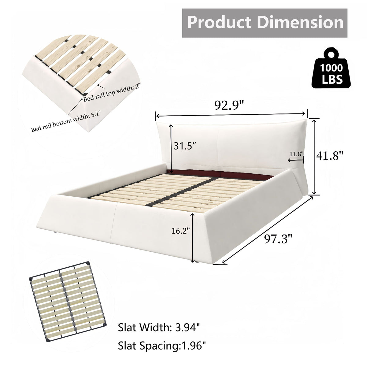 King Size Platform Bed With Special-Shaped Headboard - Cream