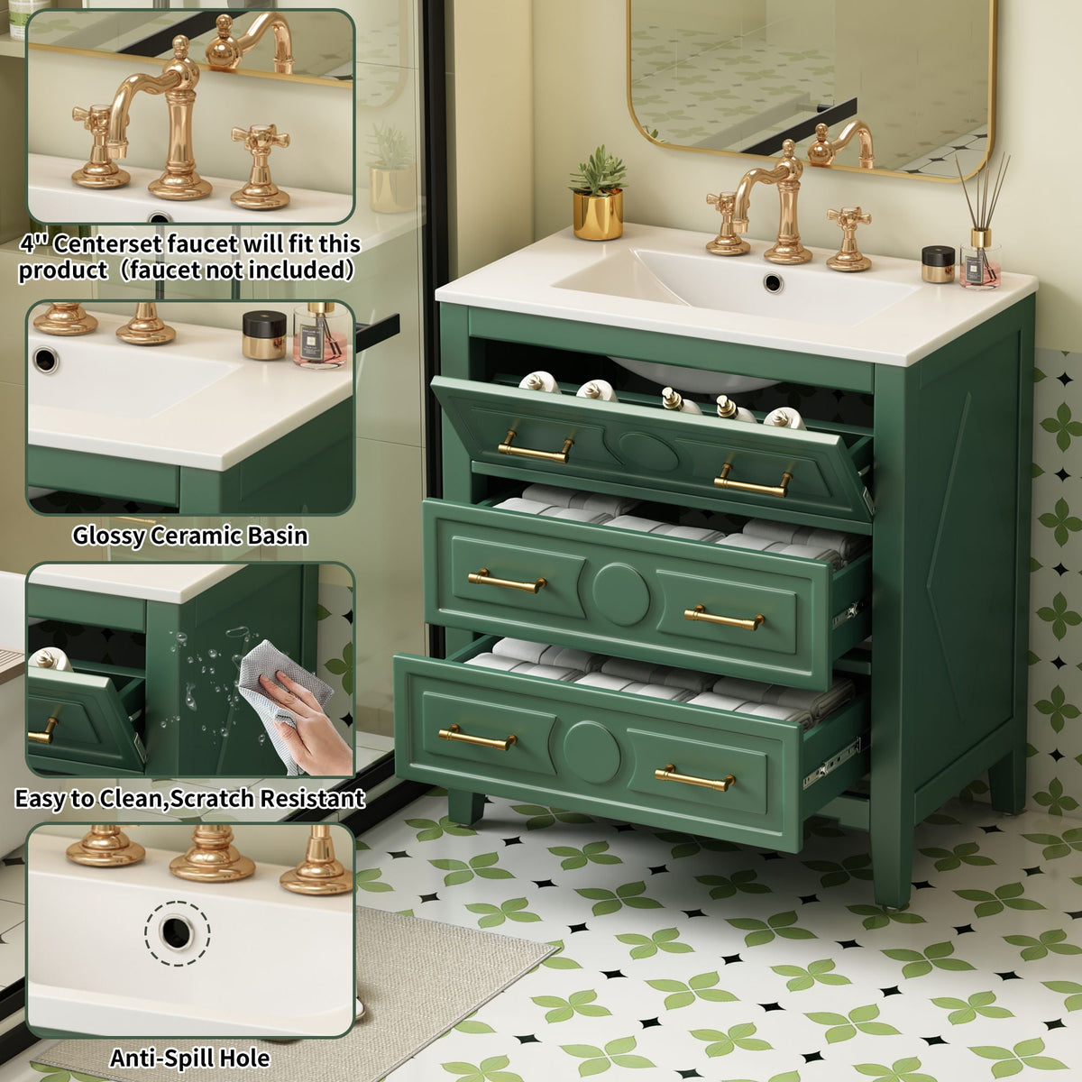 Retro Bathroom Vanity With Sink Combo, Free Standing Single Set With 3 Drawers