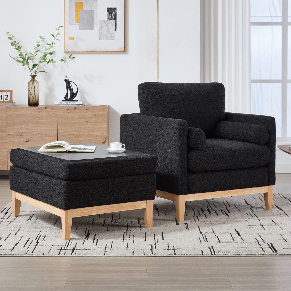 Oversized 360 Degree Swivel Barrel Accent Chair And Ottoman Set With Storage