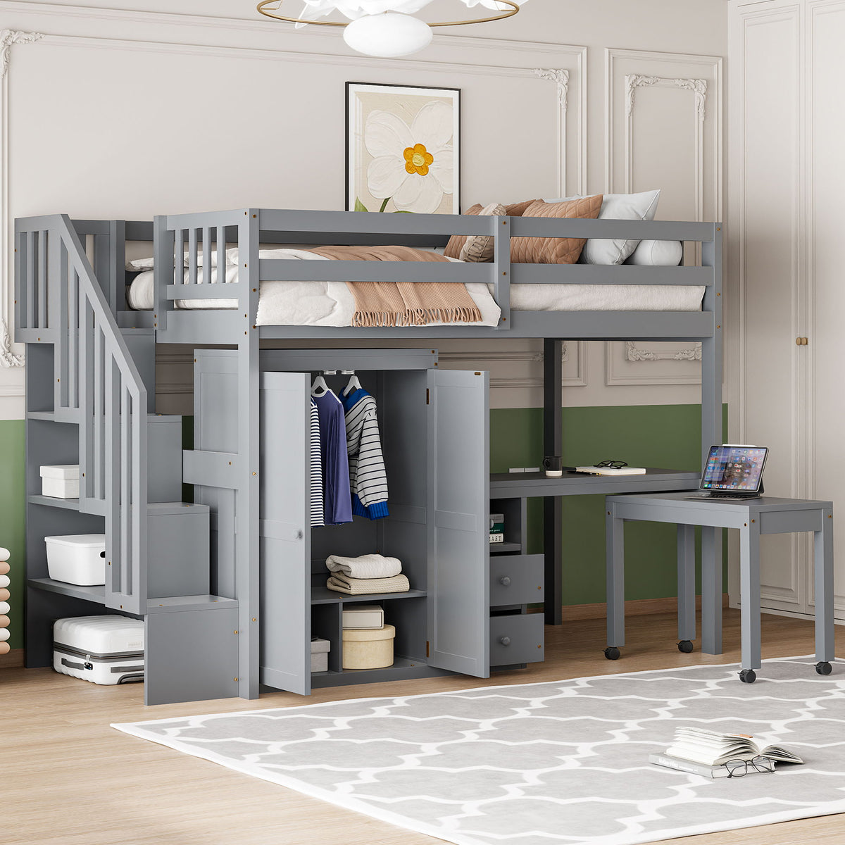 Loft Bed With Stairs, Bookshelf, Drawers, Desk & Wardrobe, Space Saving Multifunctional Furniture