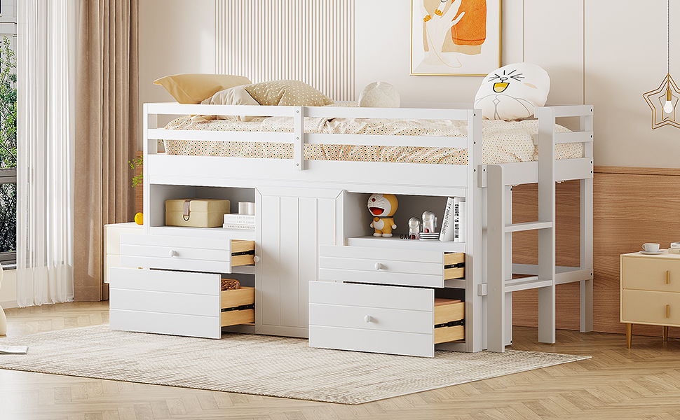 Loft Bed With 4 Drawers, Underneath Cabinet And Shelves