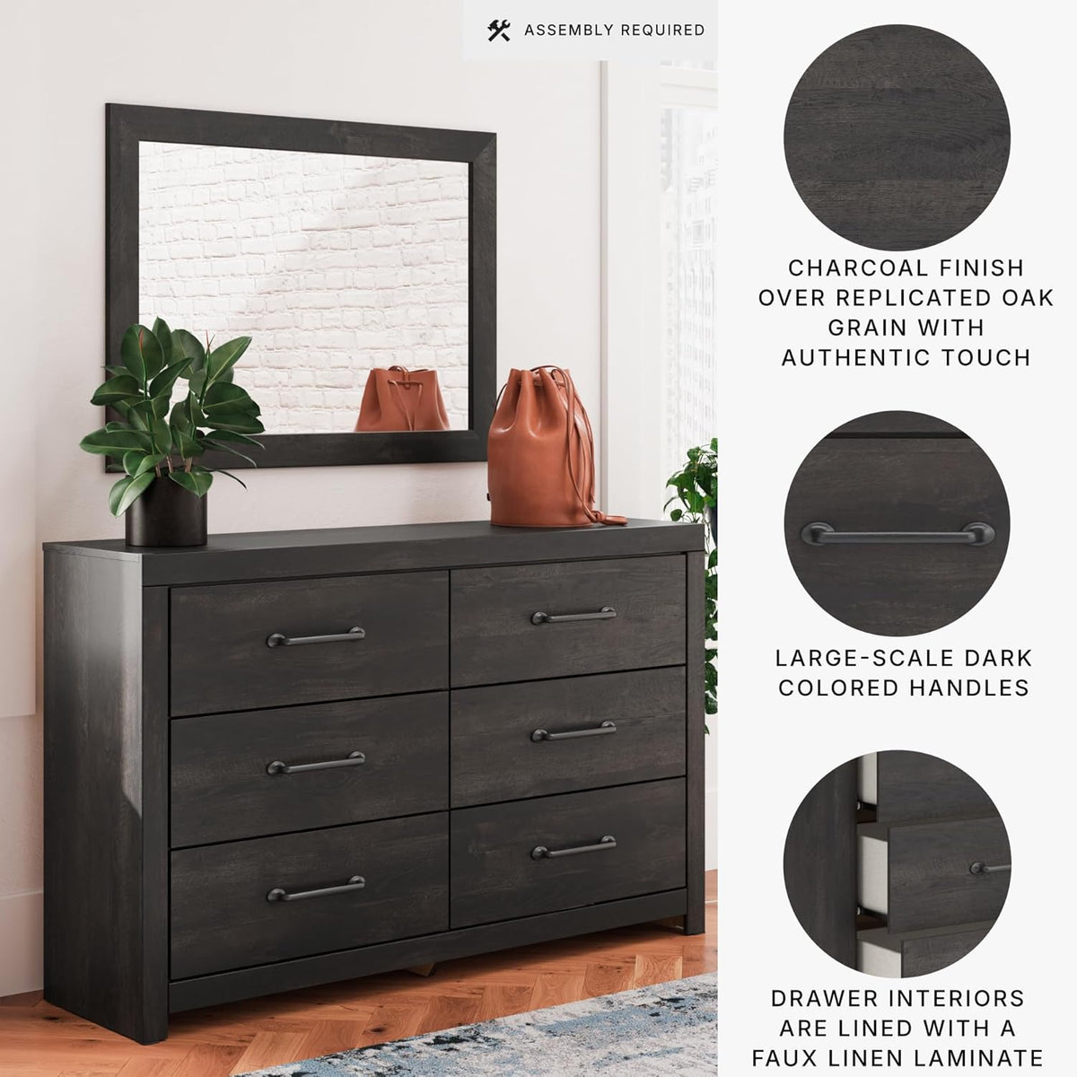 Signature Design by Ashley Delmorta Rustic 6-Drawer Dresser and Mirror with Anti-Tipping Restraint, Black
