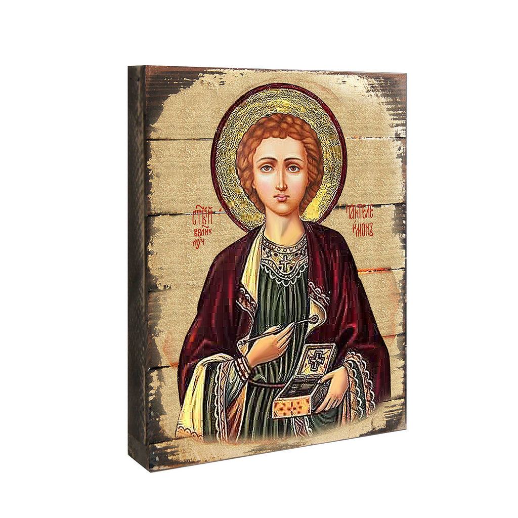 Saint Panteleimon Wooden Gold Plated Religious Orthodox Sacred Icon - Inspirational Icon Decor - 85023