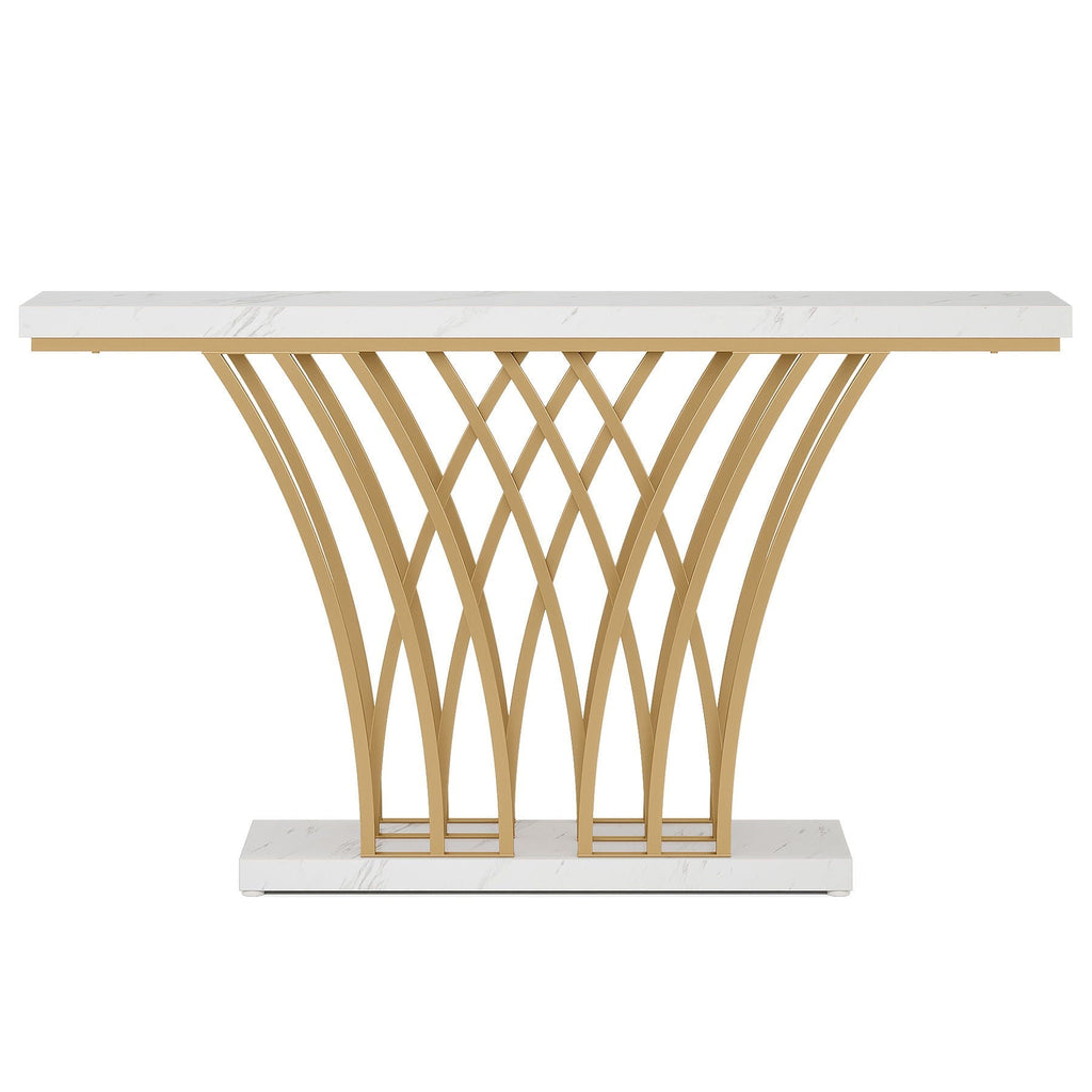 Console Table With Grid Base For Living Hallway - White / Gold