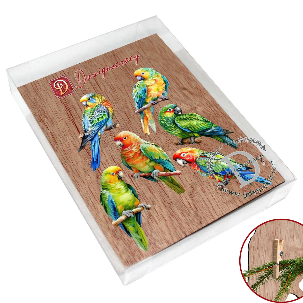 Parrots Clip-On Eco Wood Decorative Ornaments Set of 6 by G. Debrekht - Christmas Decor - 8090013C-S6