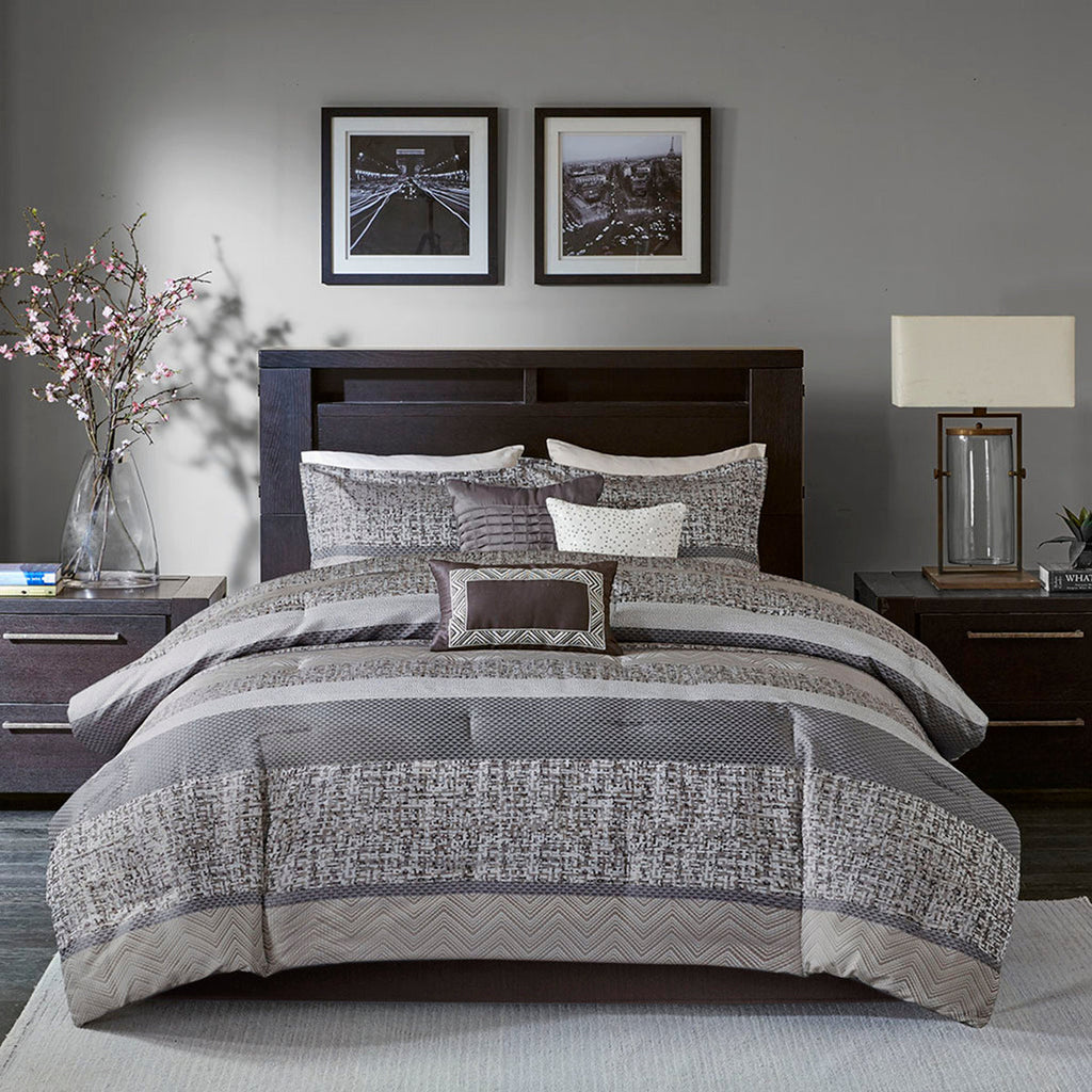 7 Piece Jacquard Comforter Set Grey/Taupe Queen