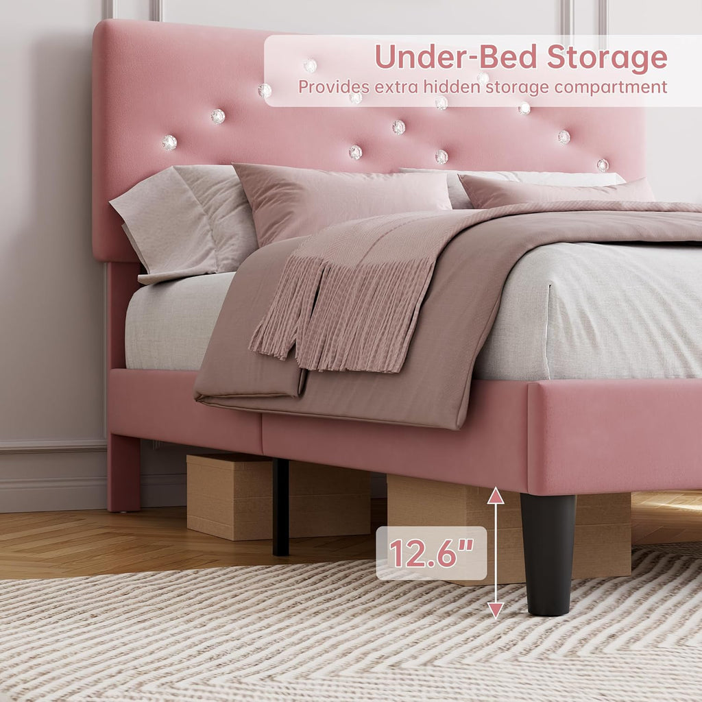 Queen Size Bed Frame with Headboard, Upholstered Platform Bed Frames Queen Size with Crystal Diamond Tufted for Girls/Kids Easy Assembly, Wooden Slats Support, No Box Spring Needed, Pink