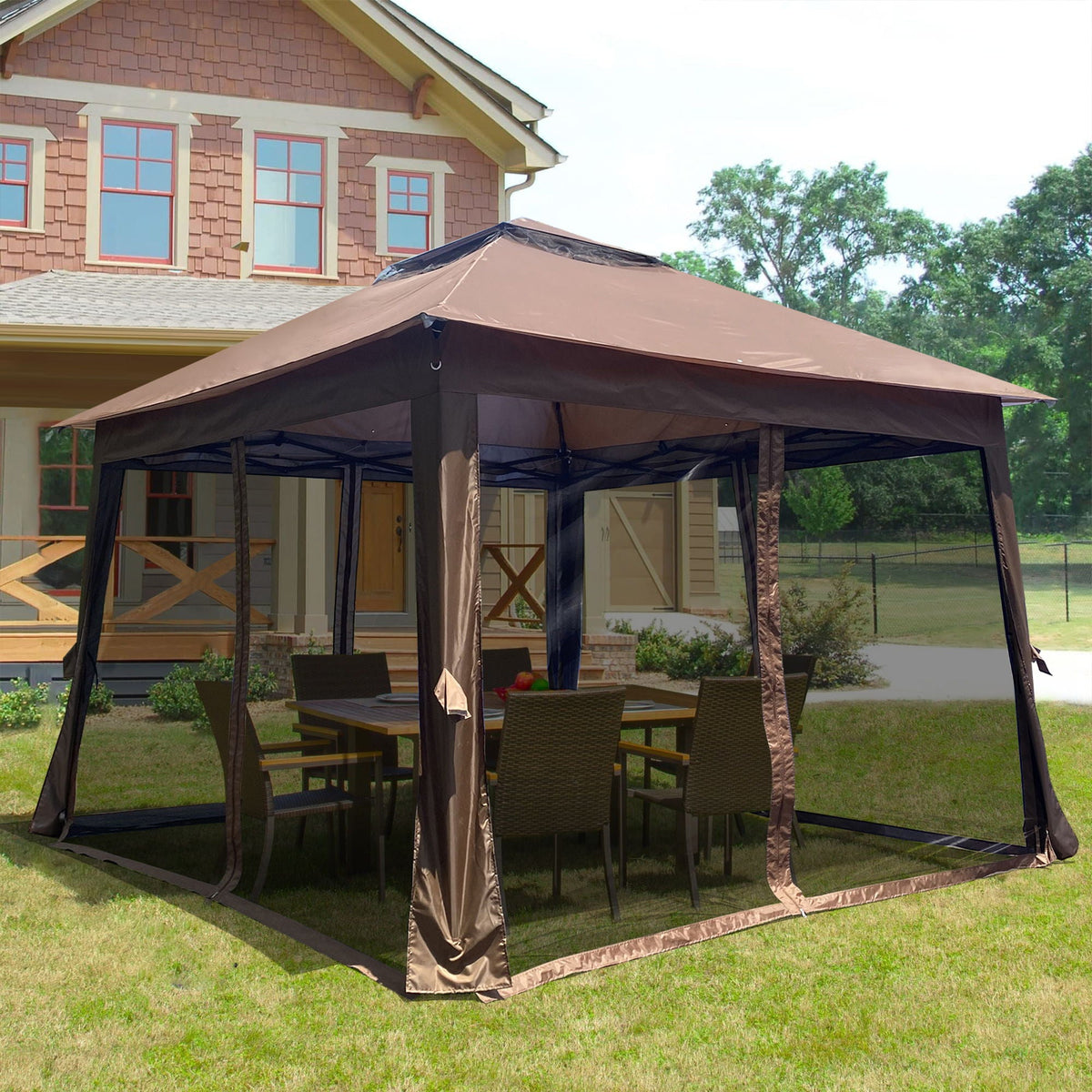 Outdoor Pop Up Gazebo Canopy With 2 Tier Soft Top And Removable Zipper Netting