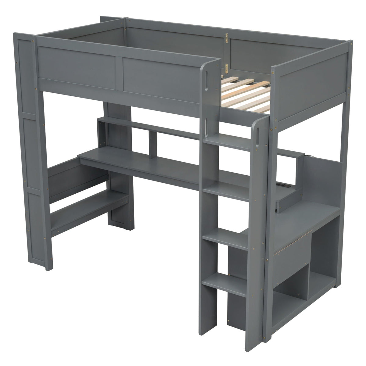 Gaming Loft Bed With Desk, Multi Storage Shelves, LED And Charging Station