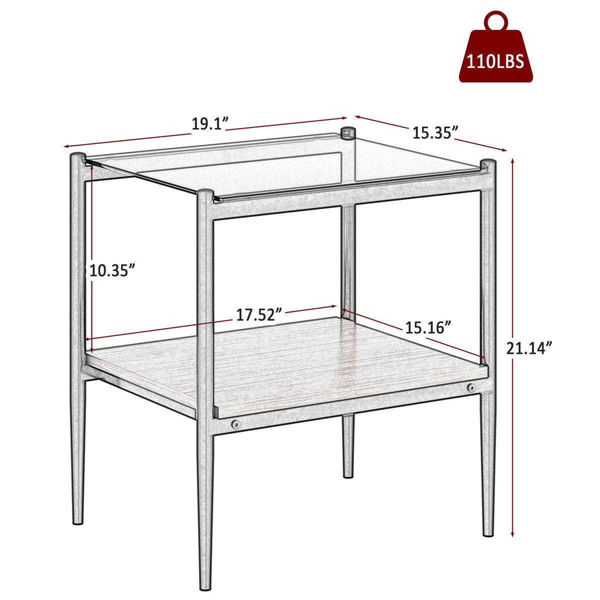 Modern Rectangle End Table (Set of 2) With Tempered Glass Tabletop And Layer - Brown