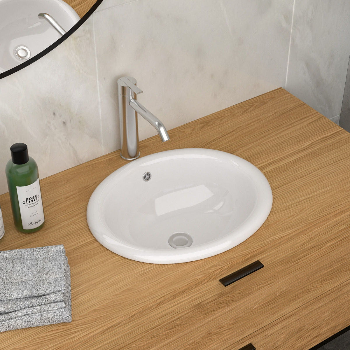 Semi Recessed Bathroom Sink With Countertop Vessel Design, 17" X 15.5" - White