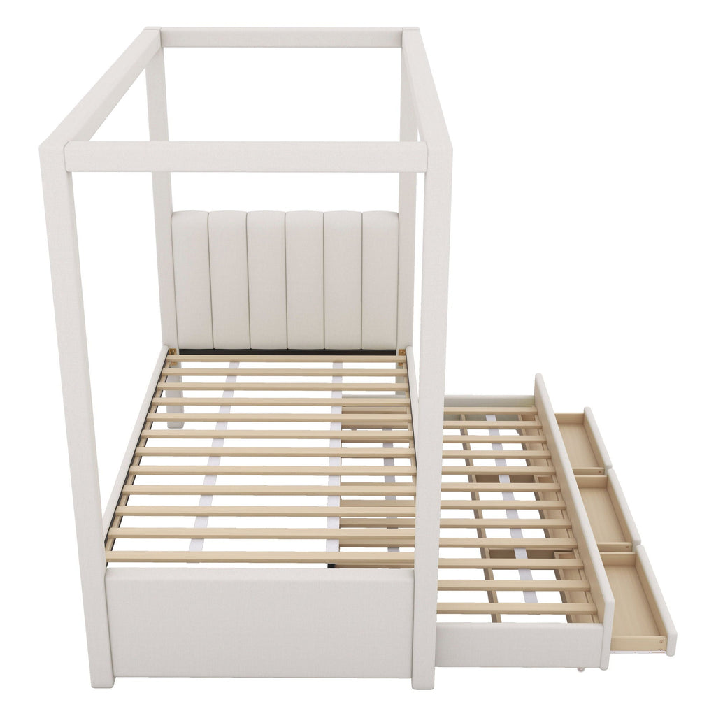 Upholstery Canopy Platform Bed With Trundle And Three Storage Drawers