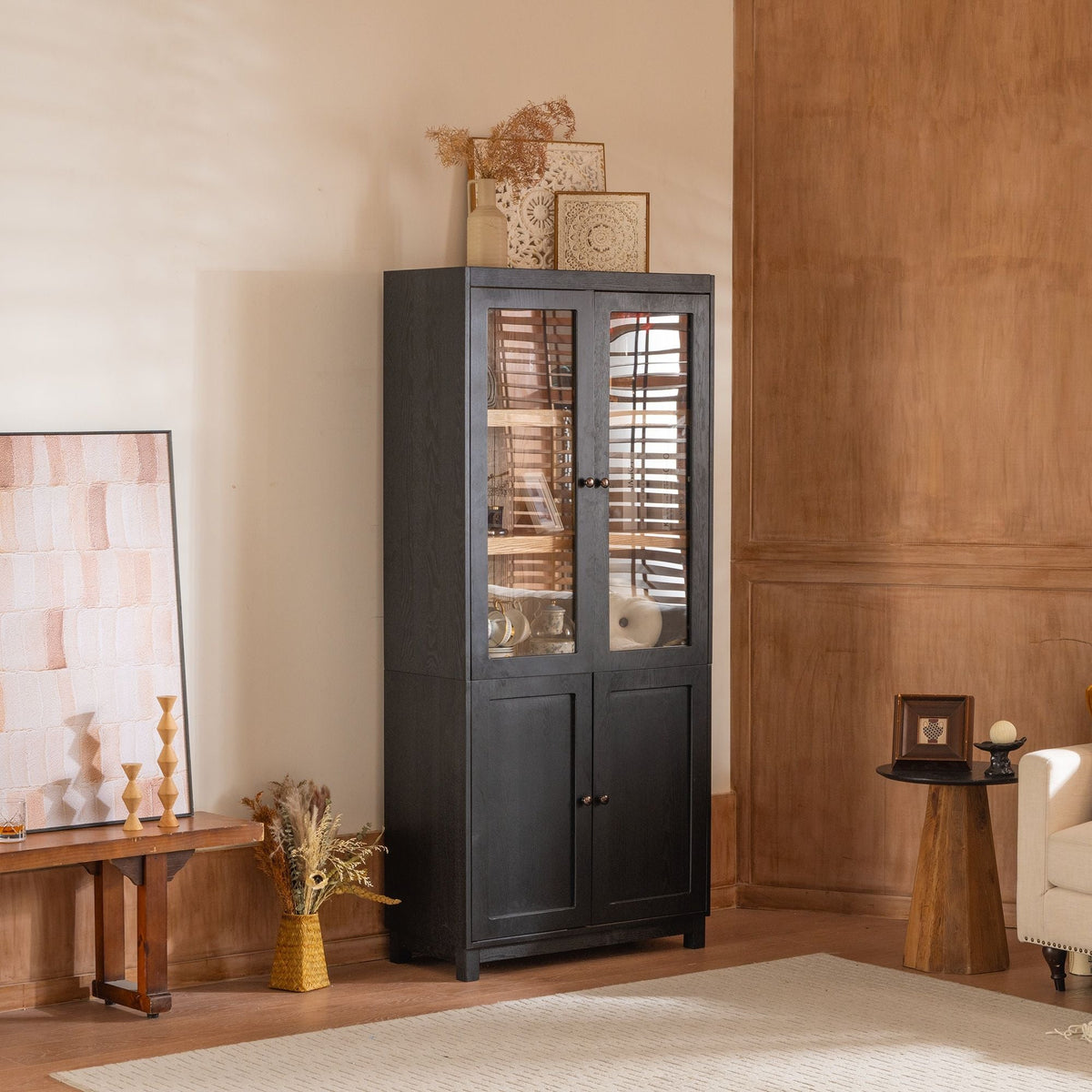 Mid Century Modern Style Tall Display Cabinet With Glass Doors For Collectibles - Black