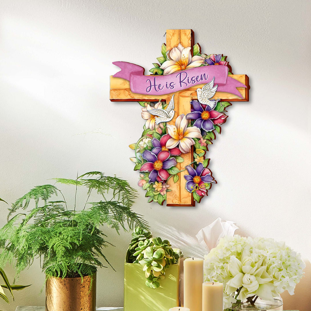 He is Risen Wooden Cross by G. Debrekht - Easter Spring Decor - 88162