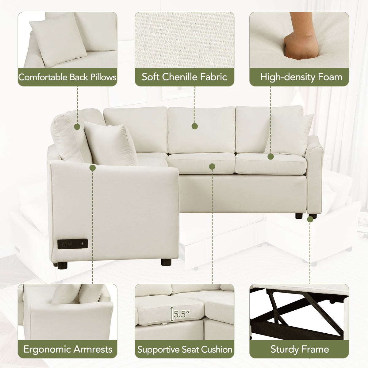 L-Shaped Sofa Convertible Sofa Bed Pull Out Sofa Sleeper With Two Back Pillows, Two USB Ports And Two Power Sockets For Living Room