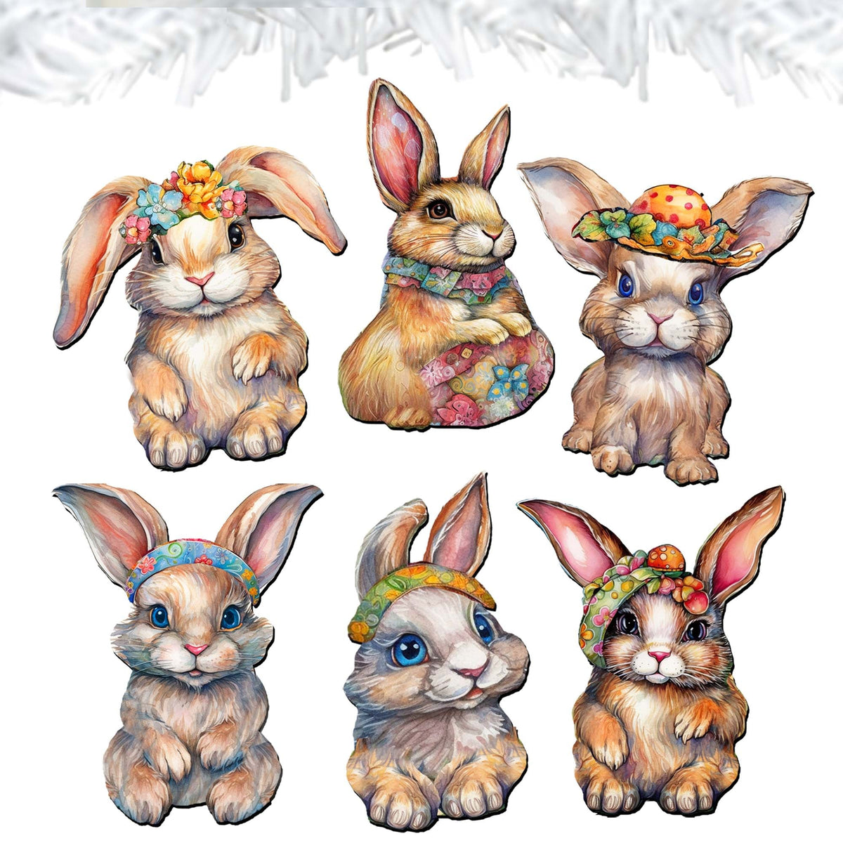 Easter Bunnies Clip-On Eco Wood Decorative Ornaments Set of 6 by G. Debrekht - Easter Decor - 8090042C-S6