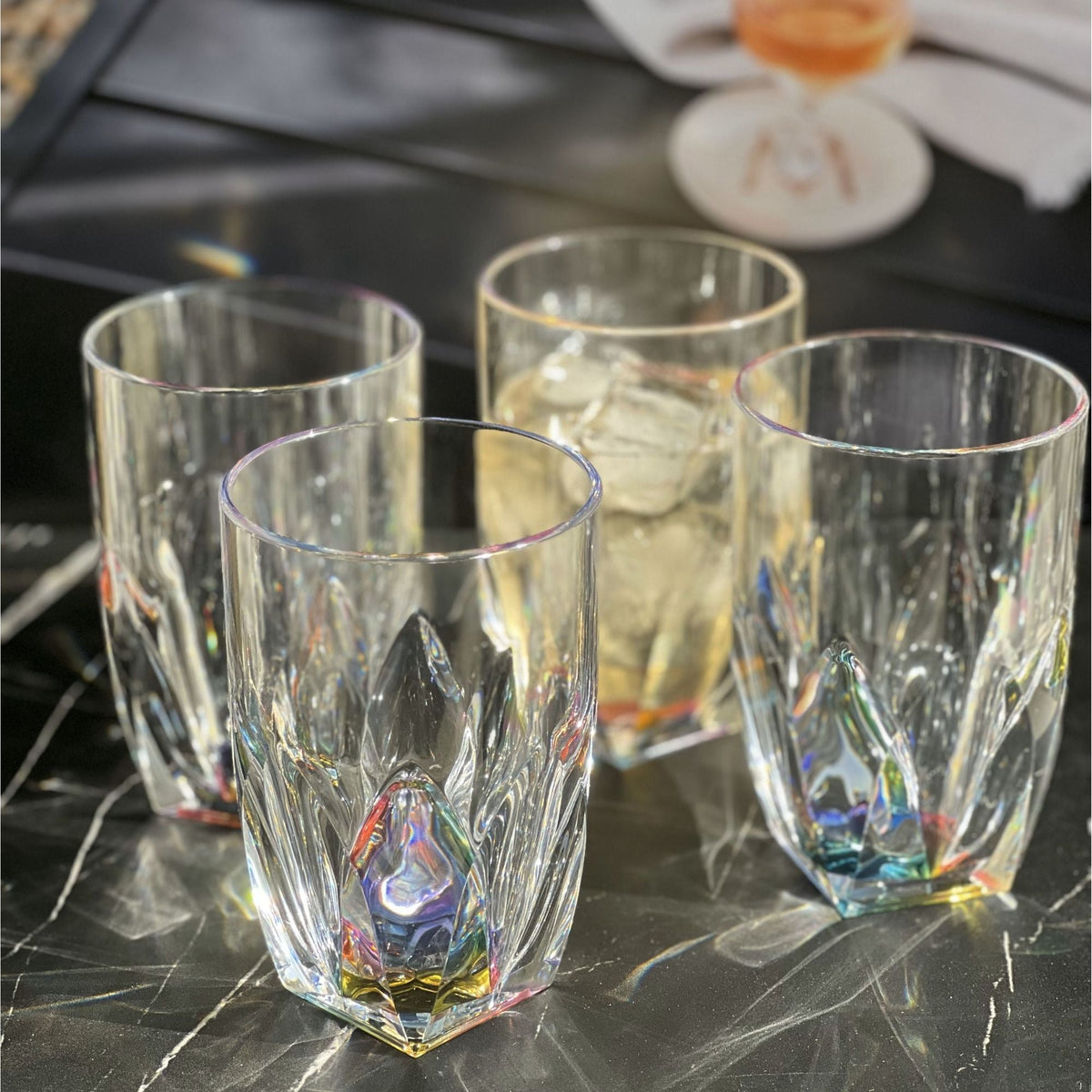 Rainbow Diamond Acrylic Glasses Drinking (Set of 4) Hi Ball 17Oz, Bpa Free Plastic Cocktail Glasses - Clear