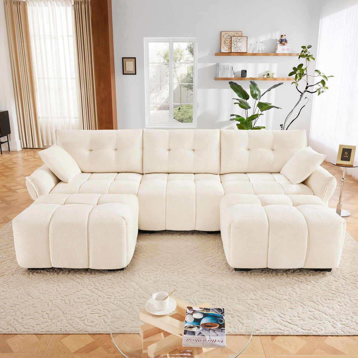 Sofa Set With Ottoman And Pillows, Textured, High Resilience Cushions