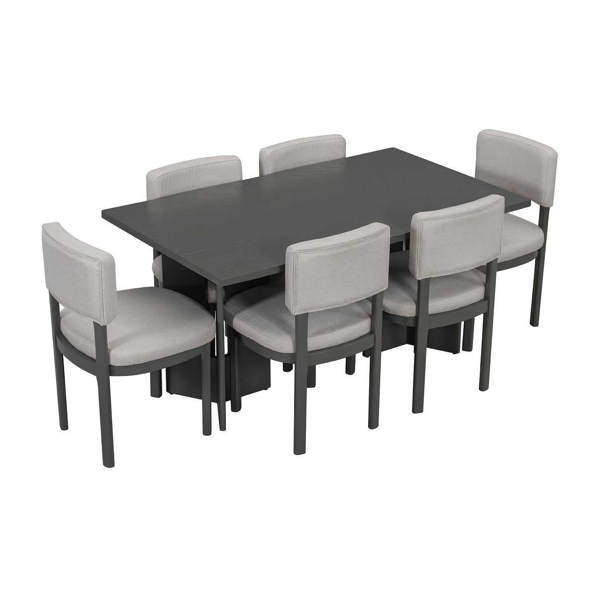 Dining Table Set With 6 Upholstered Chairs, Rectangular Table With Cutout Legs