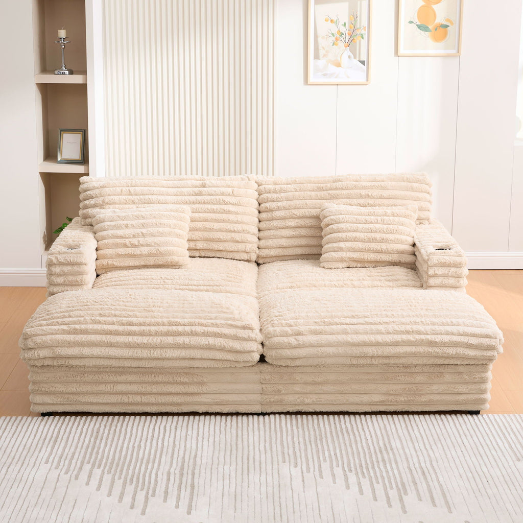 Oversized Double Chaise Lounge Sofa Bed With USB Ports And Cup Holders