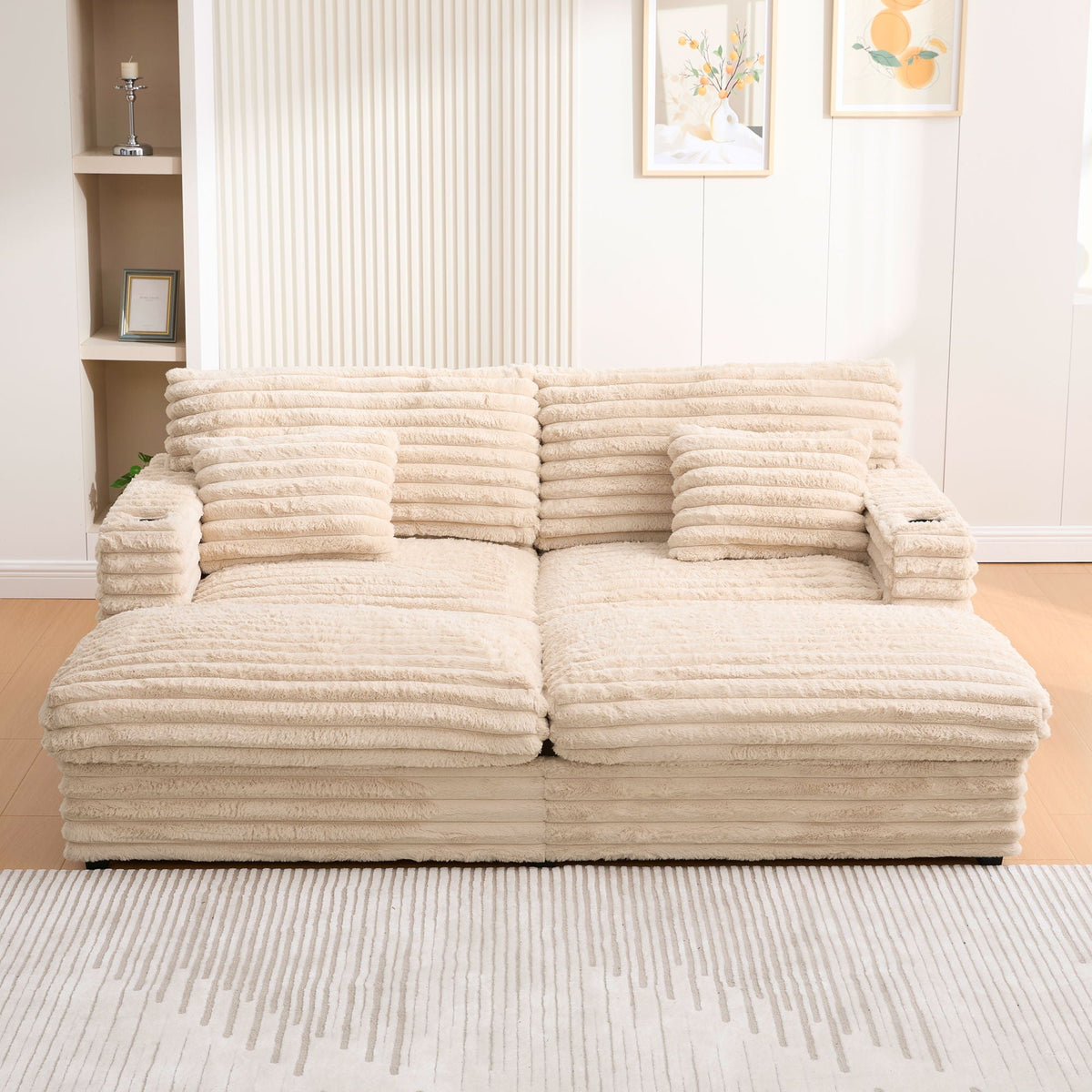Oversized Double Chaise Lounge Sofa Bed With USB Ports And Cup Holders