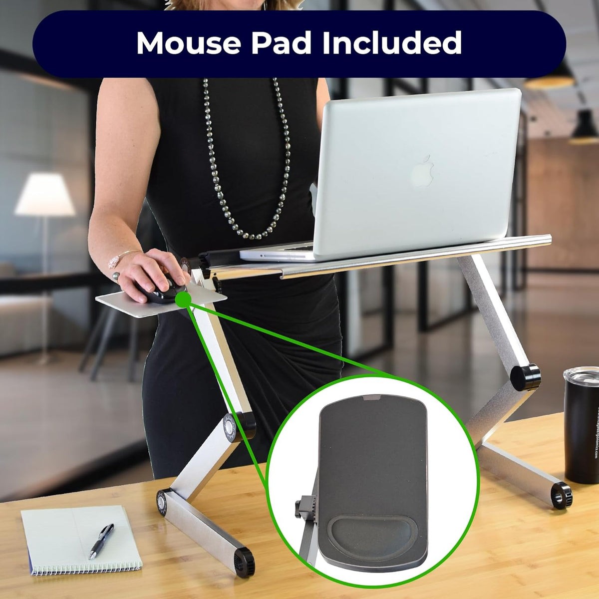 Workez Cooling Adjustable Laptop Stand for Desk W/Fan USB Ports Mouse Pad Ergonomic Foldable Laptop Stand Riser Portable Computer Holder, Silver