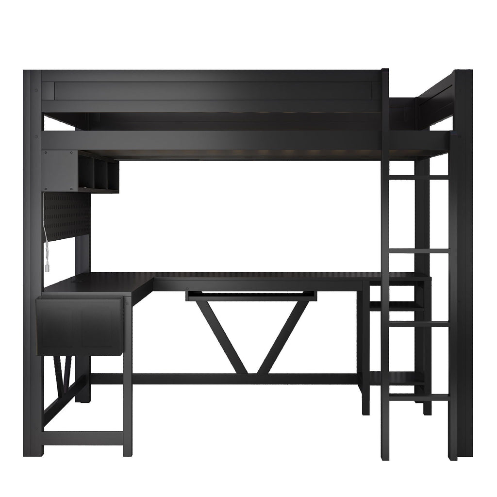 Gaming Loft Bed With Desk, Storage Shelves, LED And Charging Station