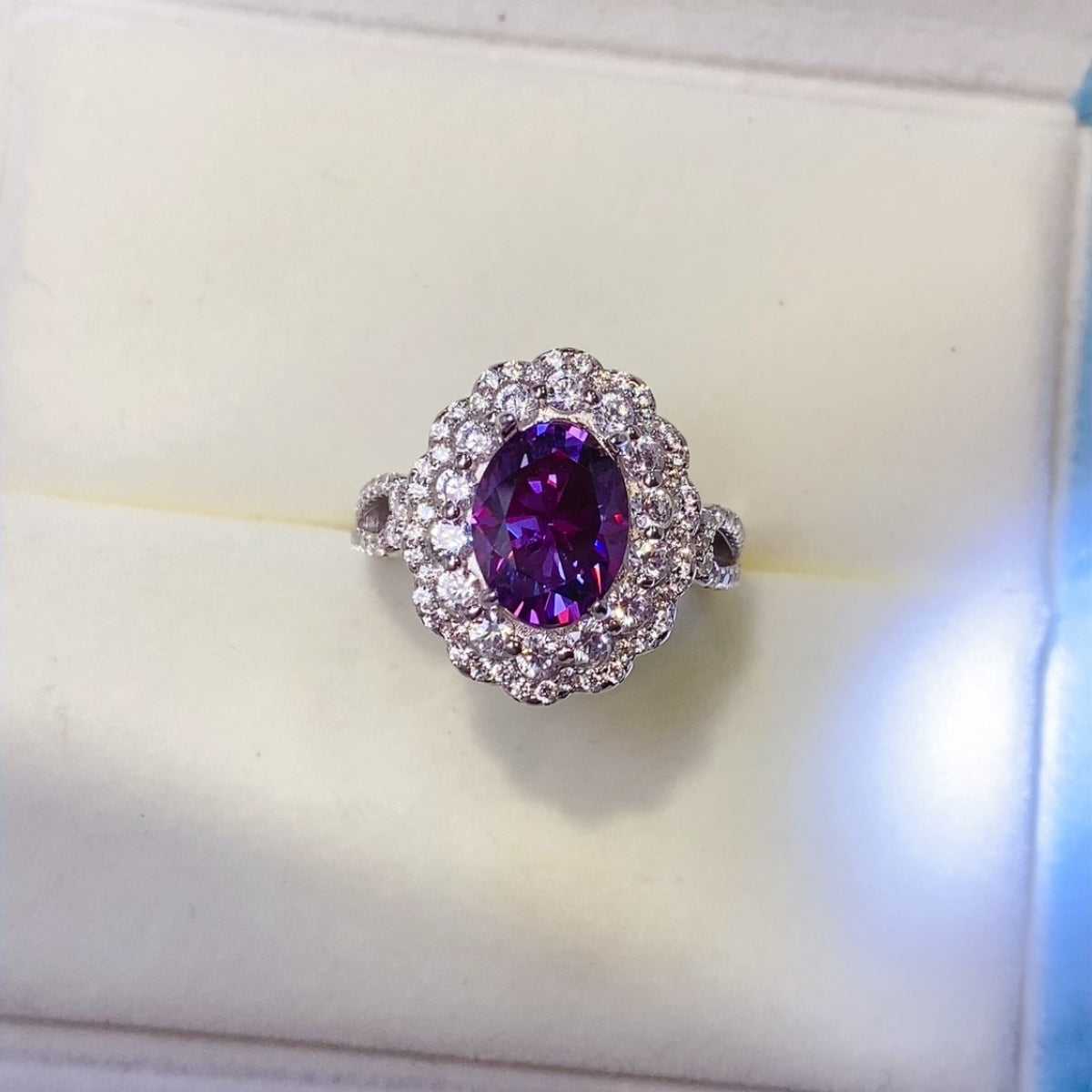 2 Carat Purple Oval-Cut Purple Oval-Cut Sparkala™ Pure Sterling Silver Halo Ring