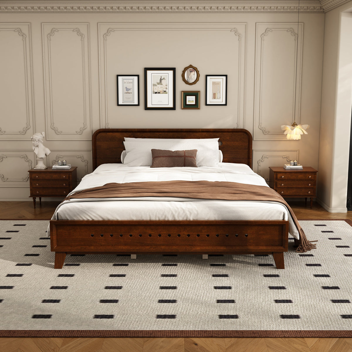 Pine Solid Wood Queen Size Bed, Dark Walnut