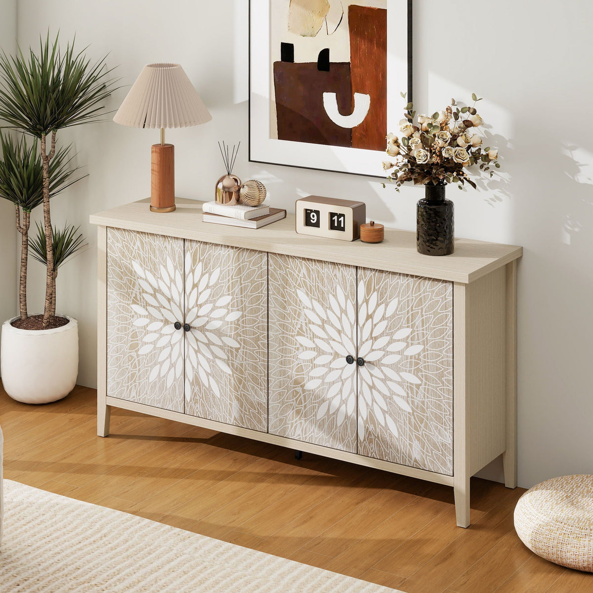 Modern Storage Cabinet With 4 Doors & Adjustable Shelves