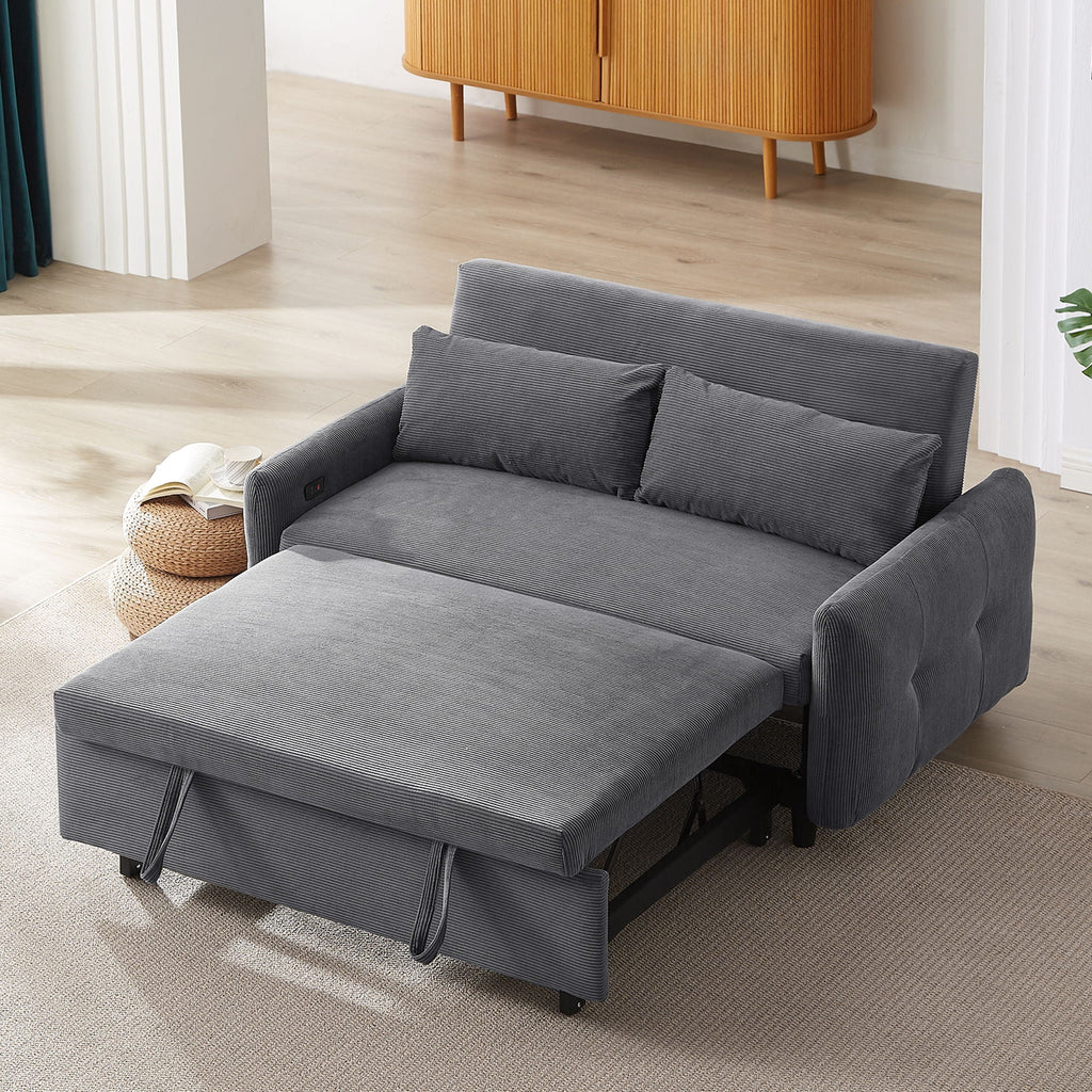 Pull-Out 2 Seat Modern Sleeper Sofa With 2 Throw Pillows And USB Ports