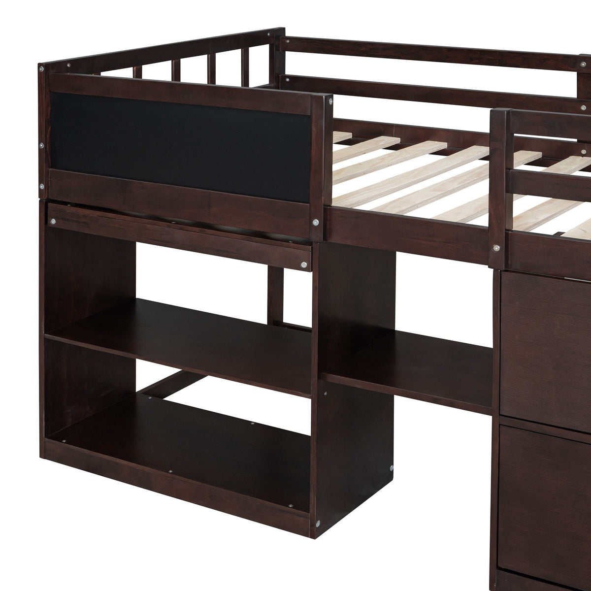 Low Loft Bed With Rolling Desk, Shelf And Drawers