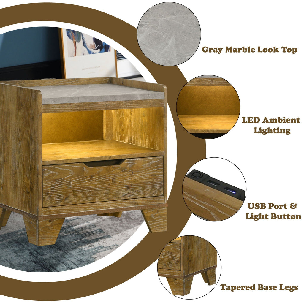 Garcia - Nightstand With LED And USB Port - Light Brown