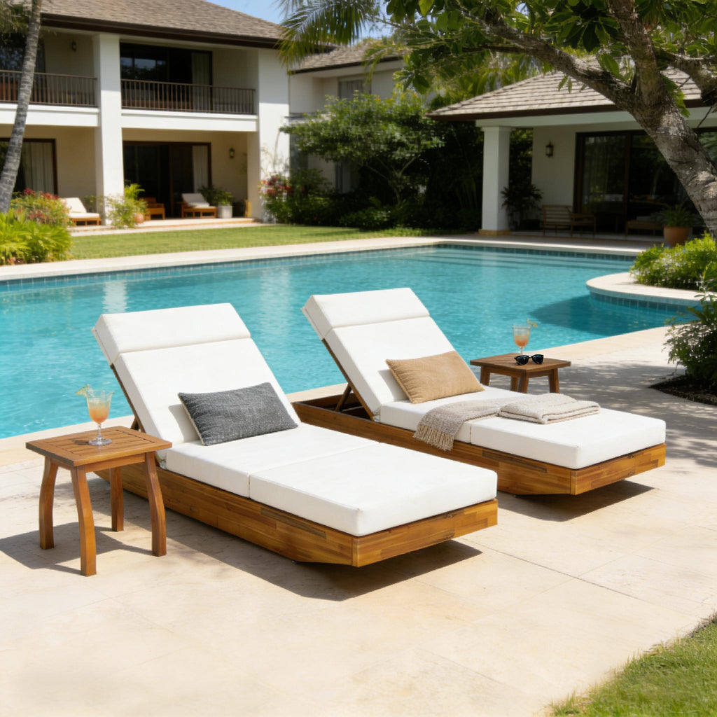 Modern Acacia Wood Outdoor Chaise Lounge