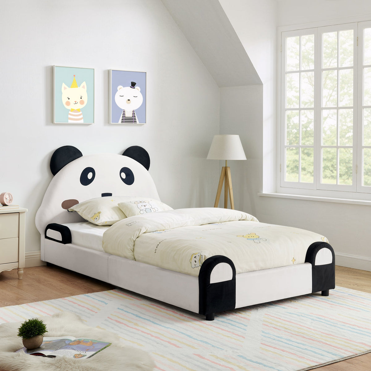 Twin Size Cute Panda-Shaped Kids Bed with Velvet Fabric