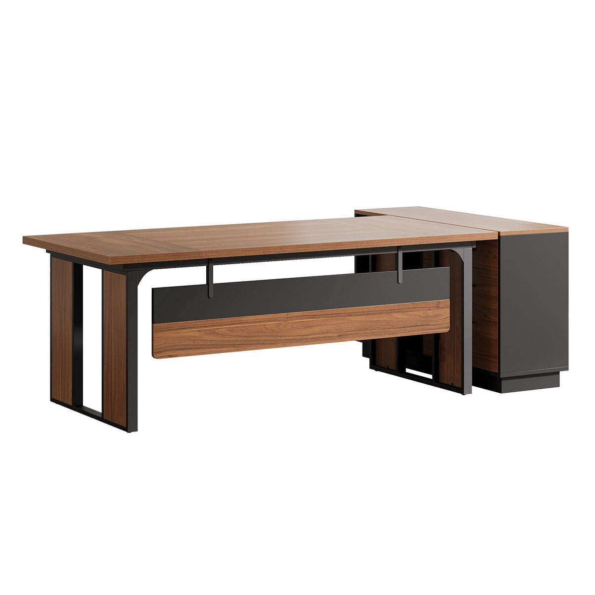 L-Shaped Executive Desk With File Cabinet, Office Computer Desk With Drawers & Open Shelves, Workstation For Home Office - Brown / Black