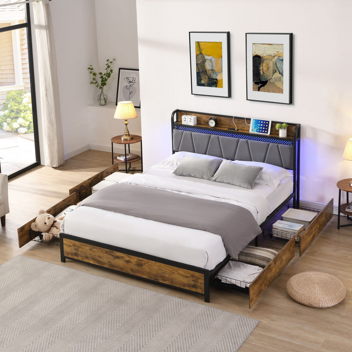 Modern Bed Frame With LED Lights, Upholstered Headboard, USB Charging