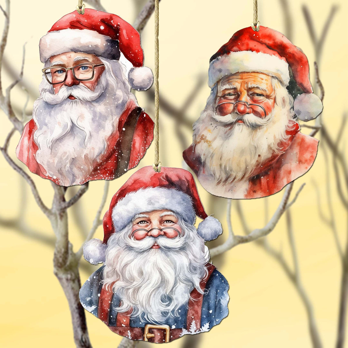 Jolly Santa Faces Decorative Eco Wood Ornaments Set of 3 by G. Debrekht - Christmas Decor - 8091045-S3