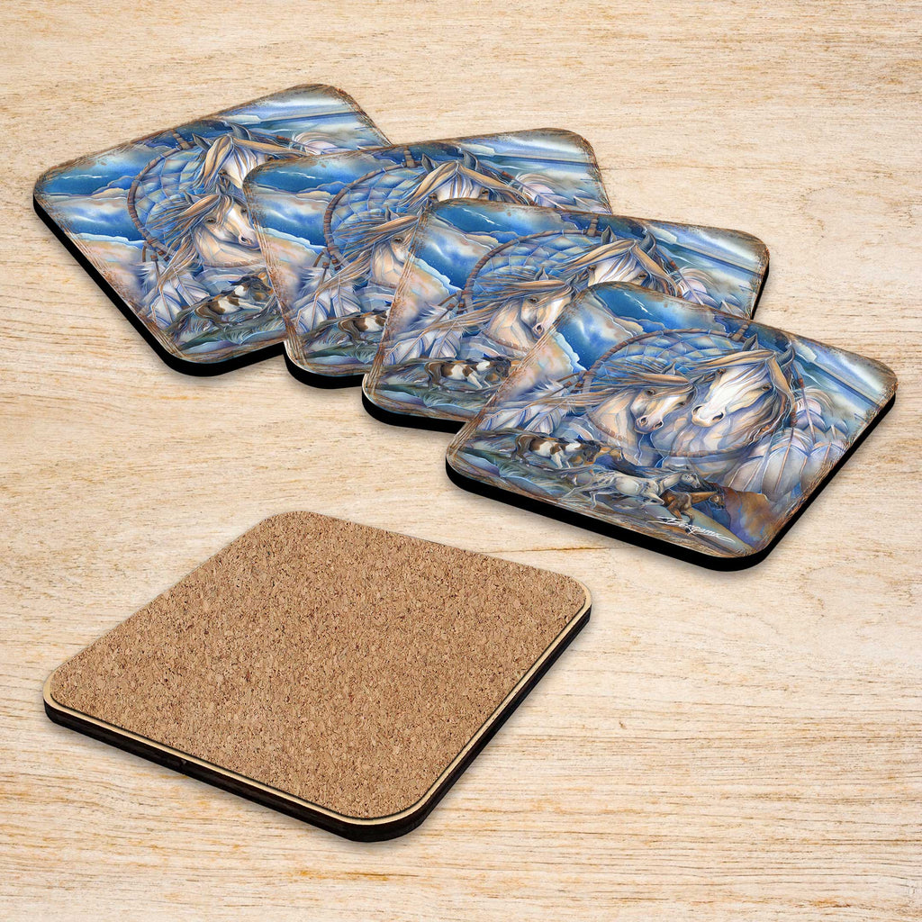 Mustangs Dream Catcher Wooden Cork Coasters Gift Set of 4 by J. Bergsma - Wildlife Decor  - 8199469C-S4