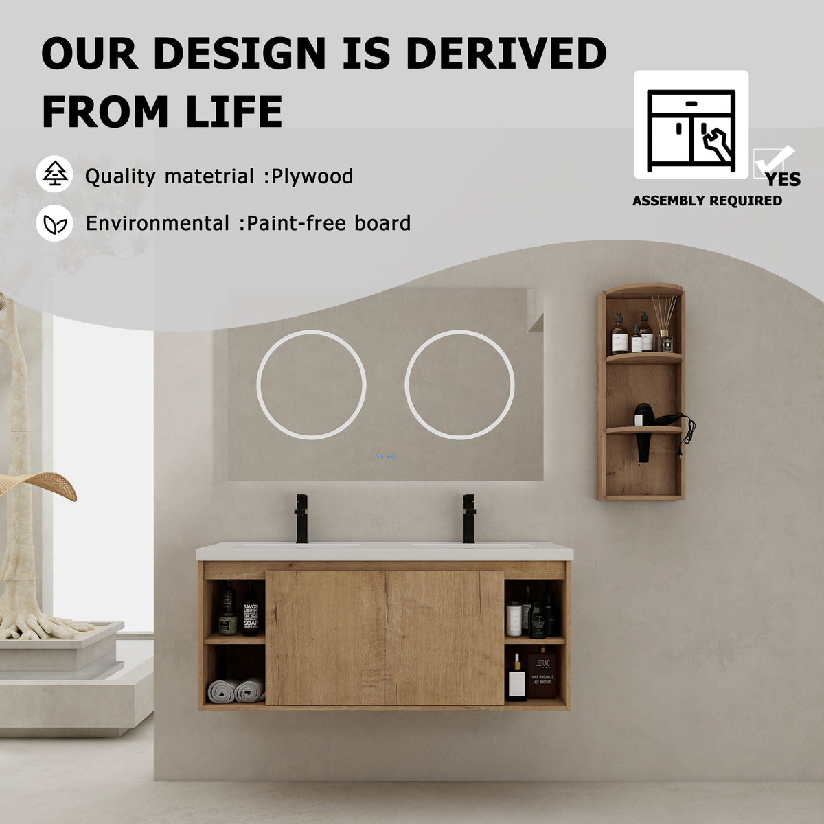 Modern 48" Wall Mounted Bathroom Vanity With Double Resin Sink And Storage Rack Soft Close Doors - Imitative Oak