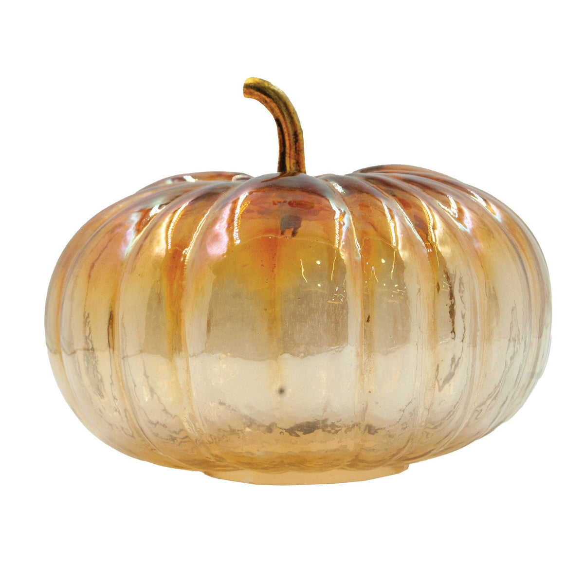 Amber Iridescent Glass Pumpkin with Brass Stem