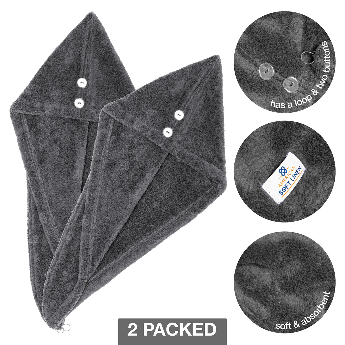 American Soft Linen Extremely Soft, Super Absorbent and Fast Drying Hair Towel with 2 buttons