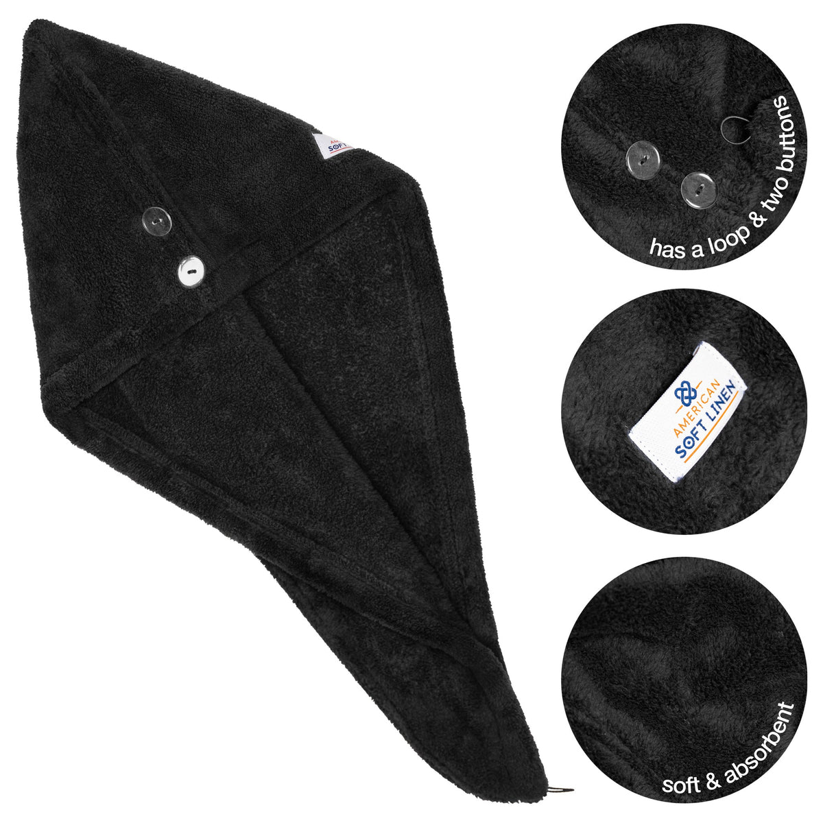 American Soft Linen Extremely Soft, Super Absorbent and Fast Drying Hair Towel with 2 buttons