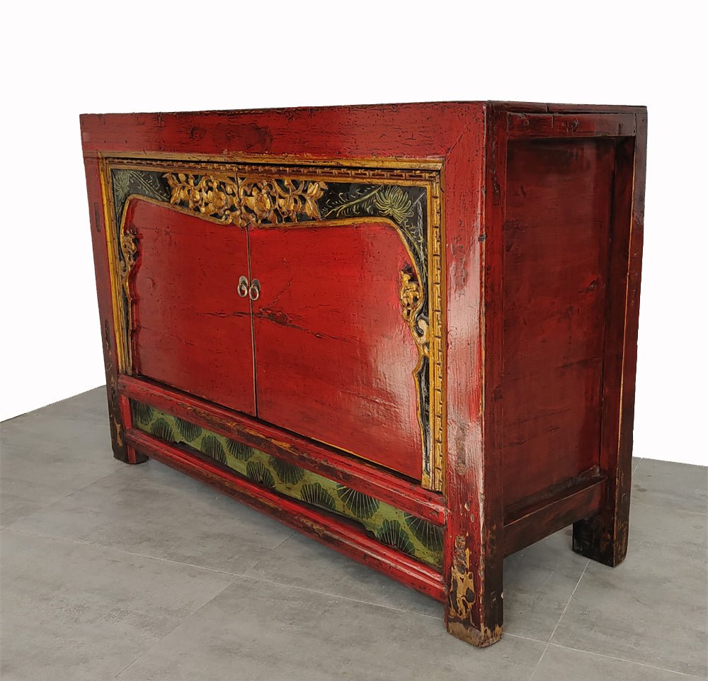 Antique Red Shanxi Cabinet Table with Carved Border Doors