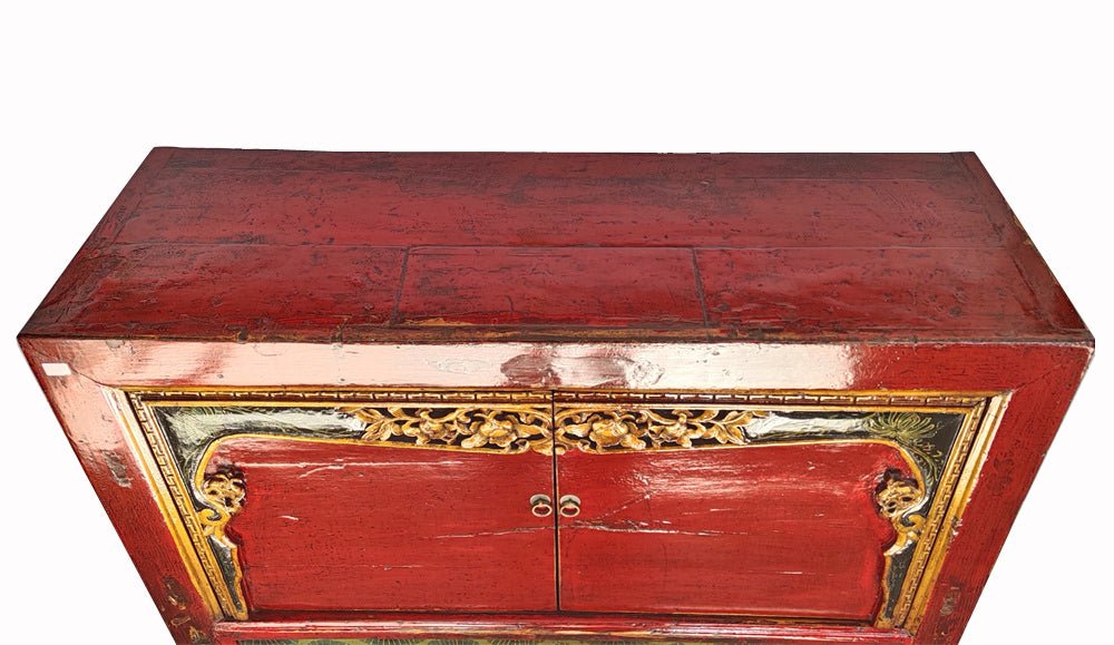Antique Red Shanxi Cabinet Table with Carved Border Doors