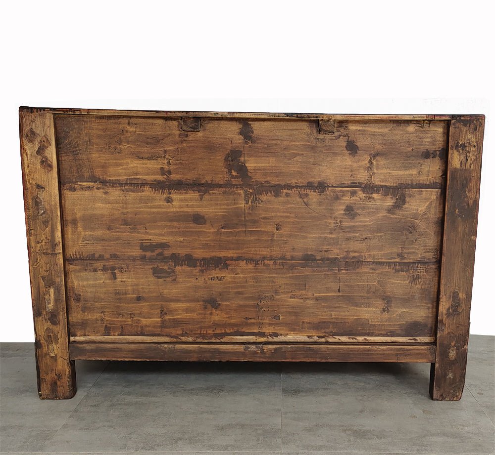 Antique Red Shanxi Cabinet Table with Carved Border Doors