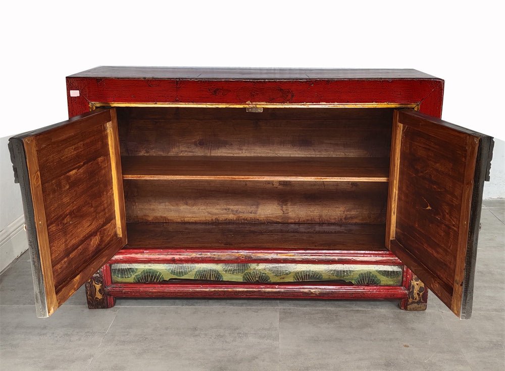 Antique Red Shanxi Cabinet Table with Carved Border Doors
