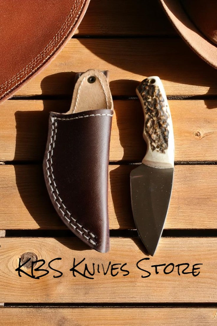 Custom Handmade D2 Steel Deer Skinning Knife with Antler Horn Handle & Leather Sheath
