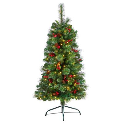 4'Flat Back Montreal Mountain Pine Artificial Christmas Tree with Pinecones, Berries and 80 Warm White LED Lights and 145 Bendable Branches