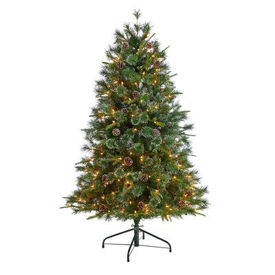 4'Snowed Tipped Clermont Mixed Pine Artificial Christmas Tree with 200 Clear Lights, Pine Cones and 588 Bendable Branches